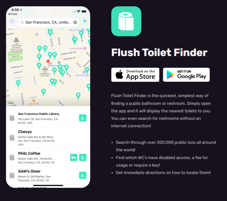 Cestovní aplikace Flush toilet finder